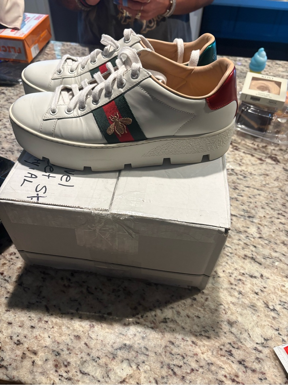 Gucci White Leather Platform Sneakers with Red & Green Web and Bee